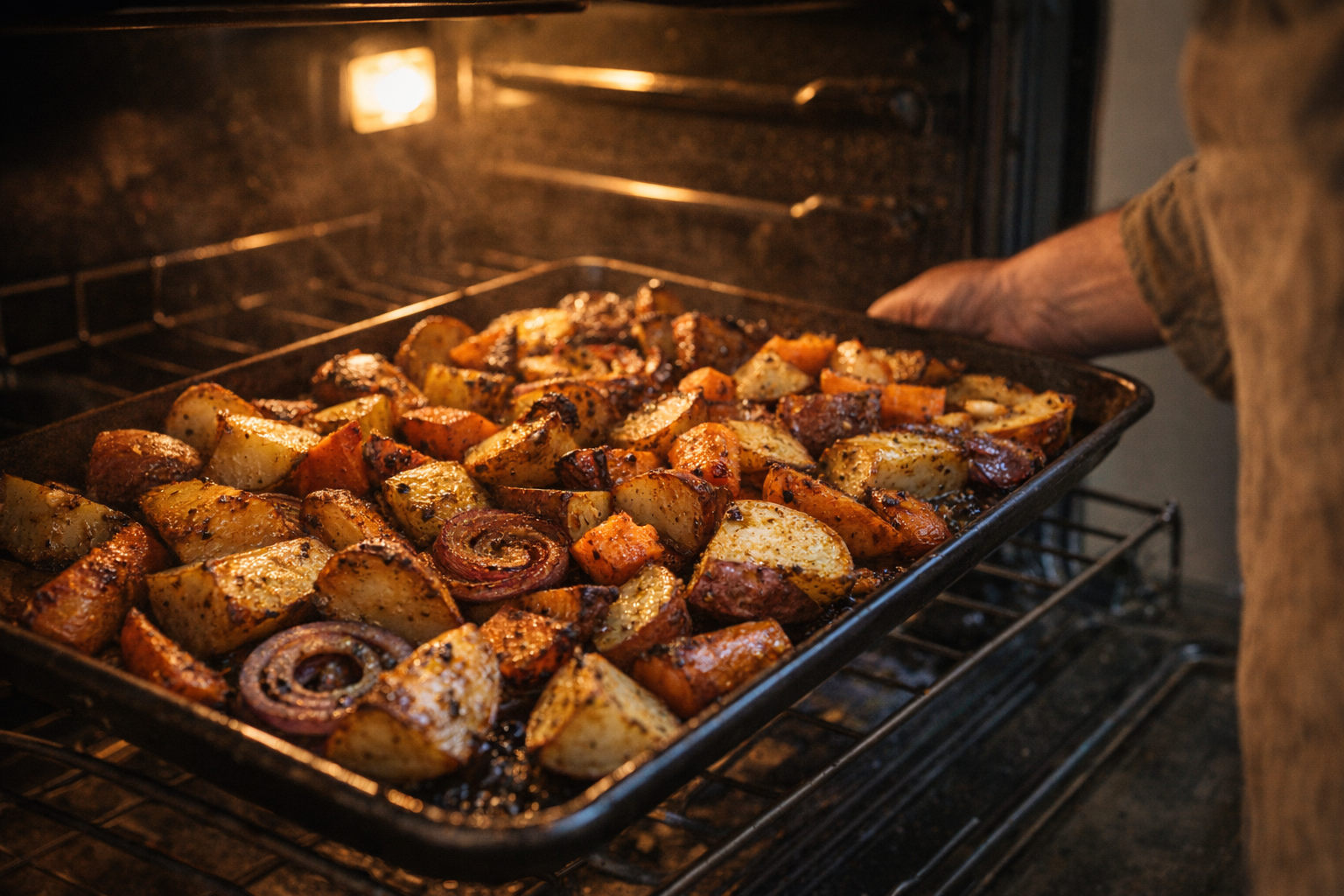 A medium shot of vegetables roasting in an oven, focus on the caramelization and browning of the edges, oven light illuminating the scene